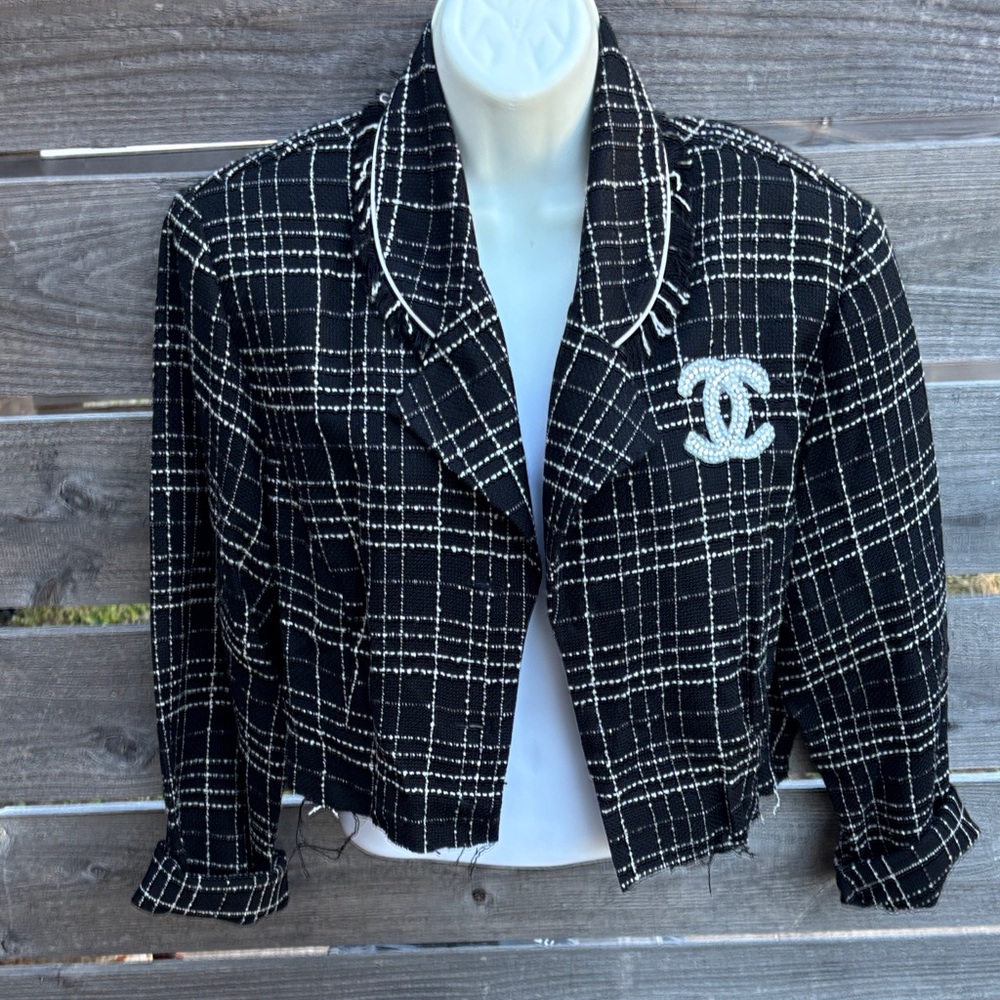 Chic Black and White Women's Jacket distressed by “Jagged Threads”